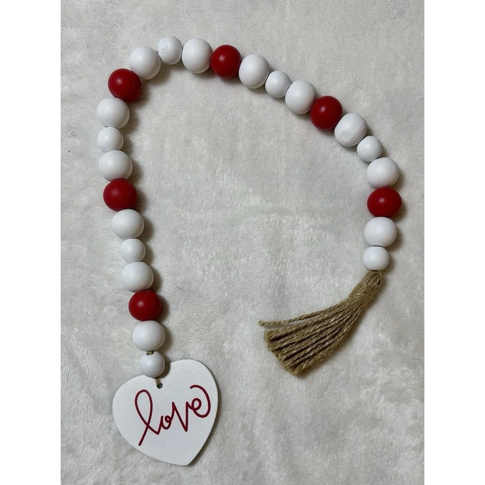 Valentine's Day Wood Bead Garland with Love Heart Tag Burlap Tassels 22.5 Inch‎